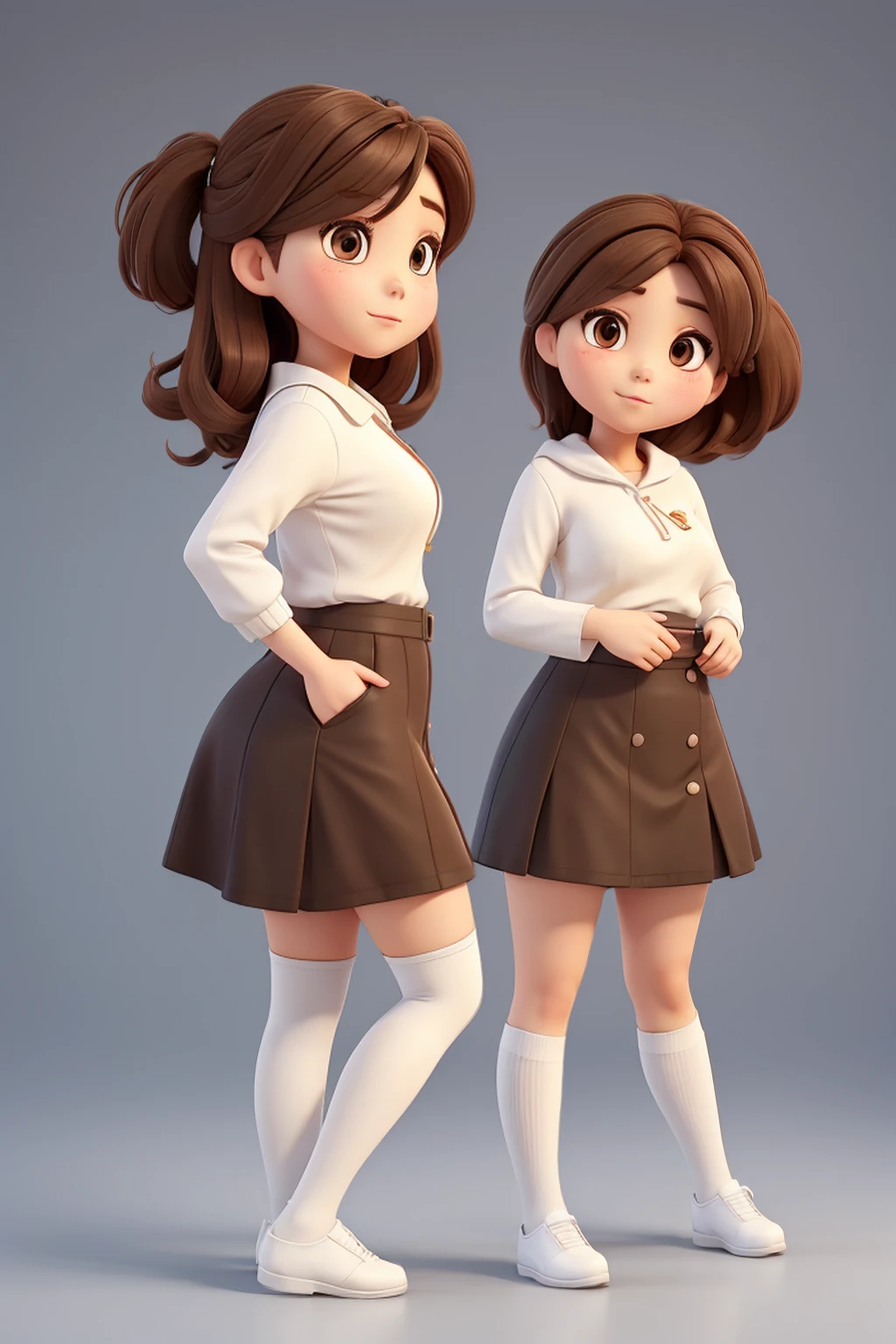 A korean woman whit thick thighs, brown hair and wearing a White sweather, a black skirt, White High thigh socks and black heels