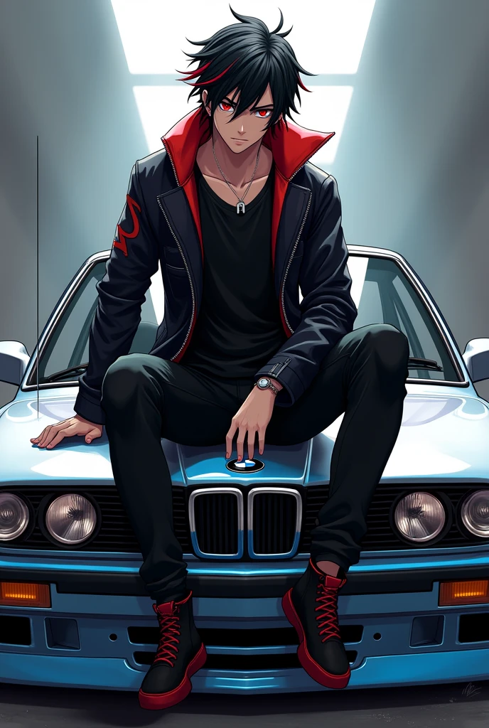 Adult anime boy with black hair with red streaks in his hair,with a serious face,with red eyes and black jacket with lots of red details black shirt sitting on the hood of the silver and blue bmw m3 gtr from need for speed most wanted