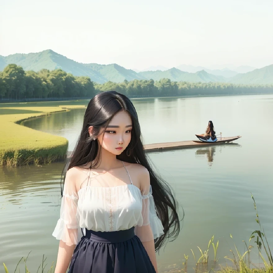 arafed woman standing on a sidewalk near a body of water, nivanh chanthara, dang my linh, lake in the background, with lovely look, mai anh tran, in lake, river in the background, with long hair, leaked image, beutiful, very beautiful girl, in style of lam manh, cindy avelino, candid photo