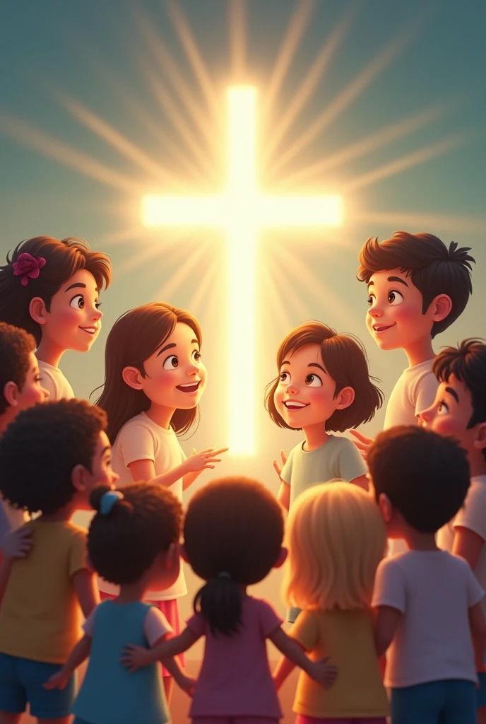Image with a very light background, a representation of the clear cross at the top and children of different colors looking at the cross happily. The children around the cross. Similar to animations.