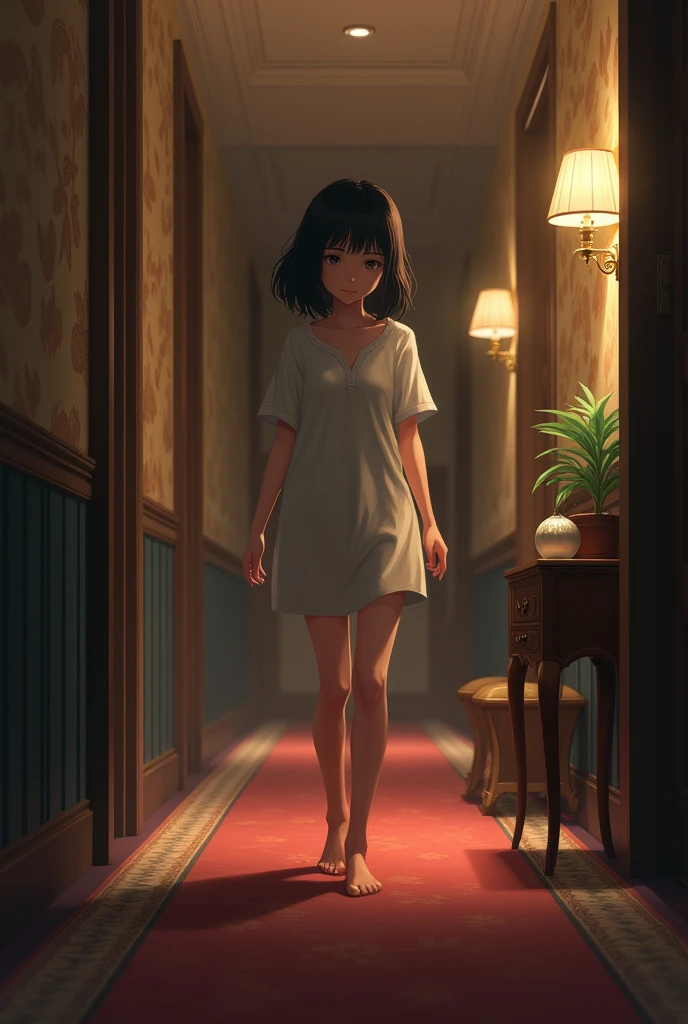 A teen girl is walking barefoot trough a hotel hallway