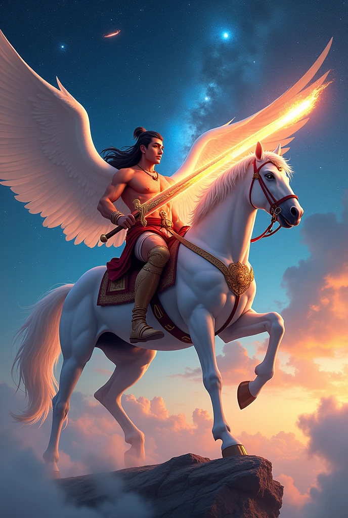 Here’s the revised prompt:
"Create a powerful and majestic image of Kalki, the 10th avatar of Vishnu, portrayed in an anime style. Kalki should be 7 feet tall with a muscular physique and 8-pack abs. He is seated on a majestic, pure white horse with large wings, soaring through a vibrant, cosmic sky. Kalki holds a blazing, naked sword in his hand, glowing like a comet. His presence is charismatic and commanding. Behind him, a vast, awe-inspiring cosmic universe, filled with swirling galaxies and celestial bodies, stretches across the horizon, adding a sense of grandeur and wonder to the scene."
This should help the AI generate an image with the cosmic universe as the background instead of neon-lit cities.