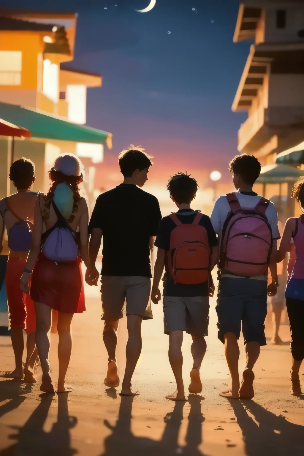 group of boys and girls near beach on a summer night,
