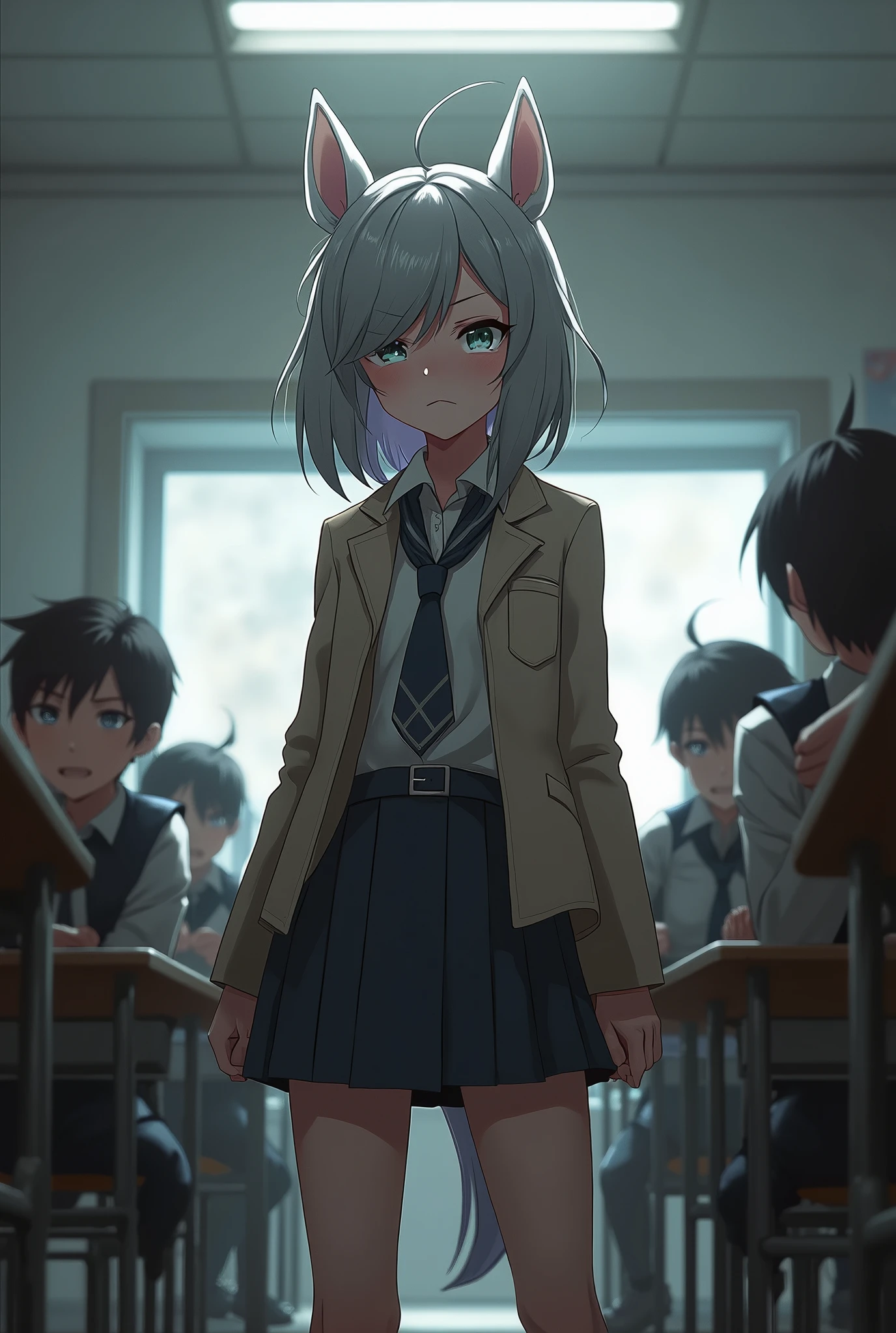 a pony girl on the side wearing a uniform with gray hair wearing a jacket tied at the bottom is angry in class with gray eyes 