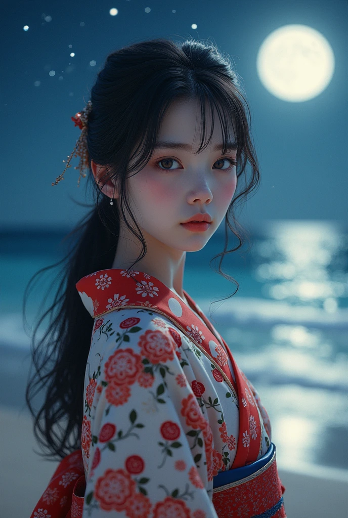 Beautiful woman, teenager, wearing Yukata, in the night, on the beech, colourful, facing camera, posing
