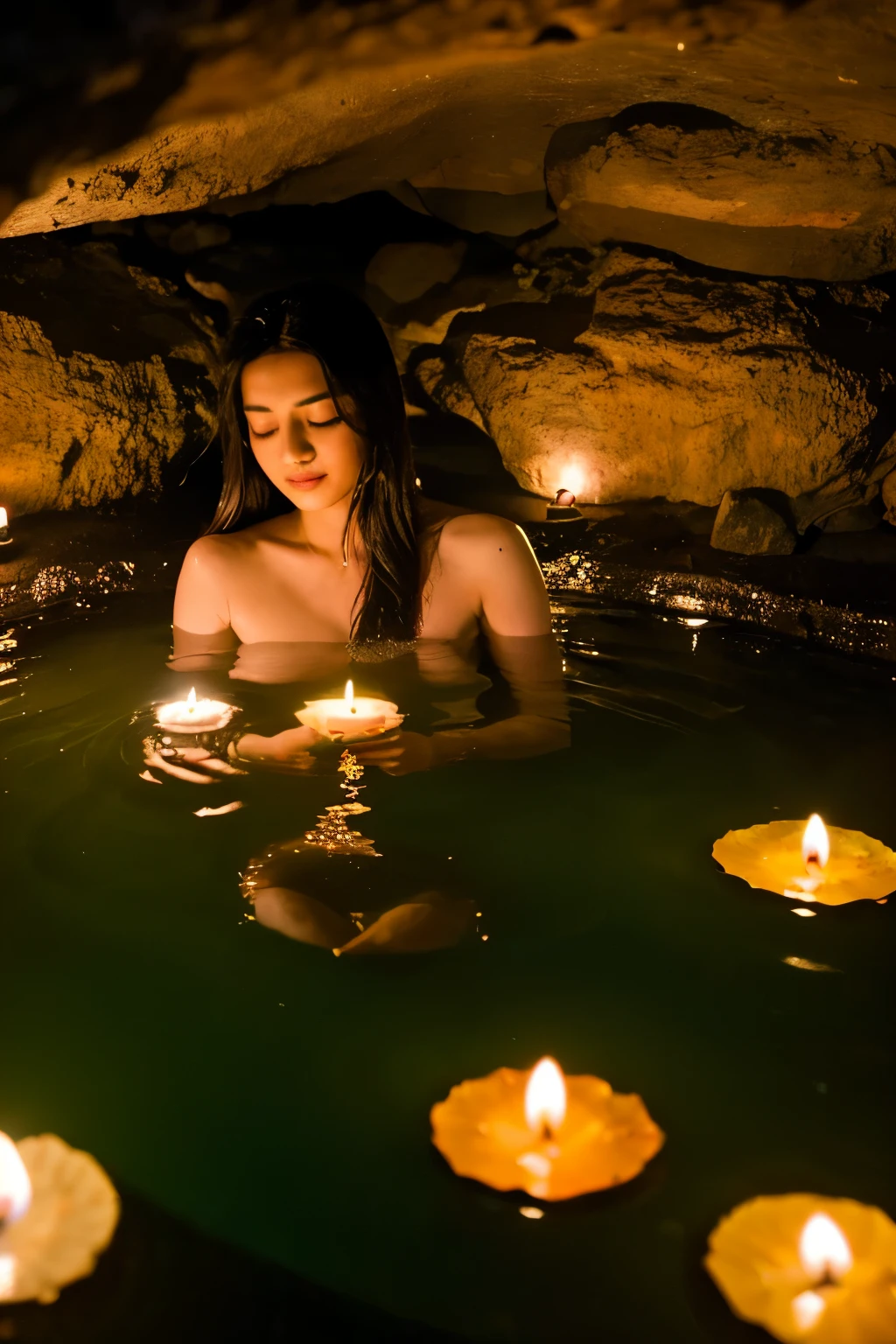 Ancient Indian queen bathing naked inside a cave pond with lotus and candles around her with Long Hair, 