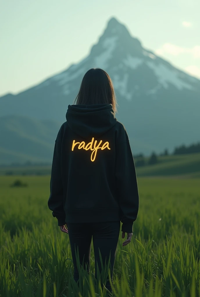 A girl stands on a highland covered with lush green grass, her back facing the camera. She is wearing a black hoodie that contrasts with the natural surroundings. On the back of her hoodie, there is a luxurious golden inscription that shines, spelling out "RADYZA." The text stands out, as if radiating elegance amidst the serene landscape. In the distance, a tall mountain rises majestically, seen from the girl's perspective. At the base of the mountain, a faint line of words can be seen, spelling "STARMAKER" in white, with letters designed in a horror theme, adding a sense of mystery. The girl gazes at the mountain with admiration, while both her arms are stretched out towards the sky, as if she is embracing the grandeur of the nature spread out before her.