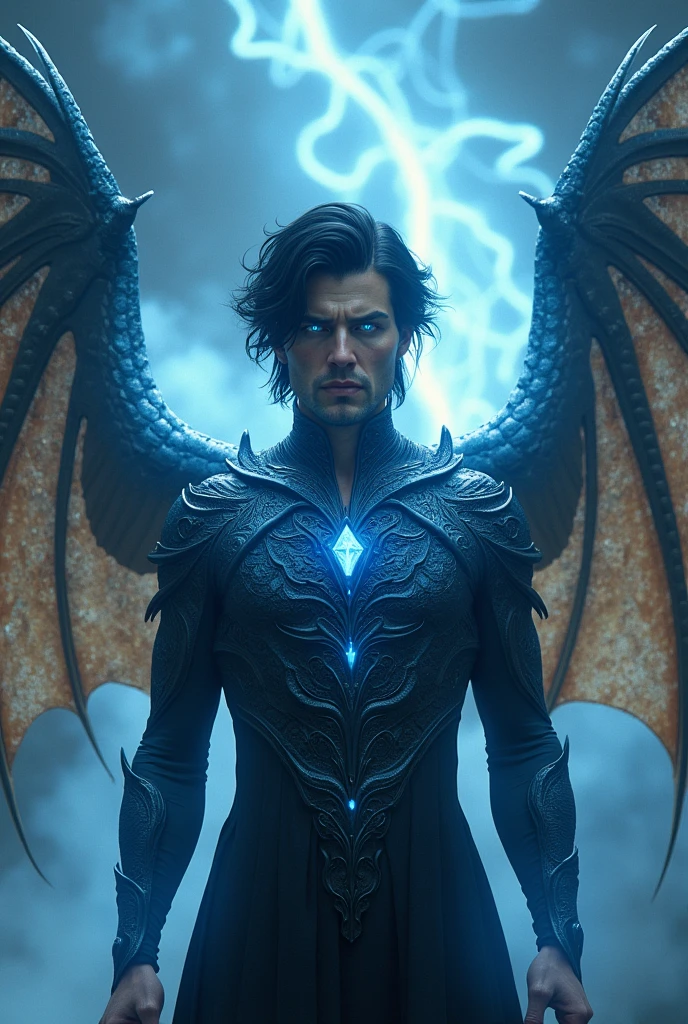 Man, blue eyes, black hair, fae, dragon wings