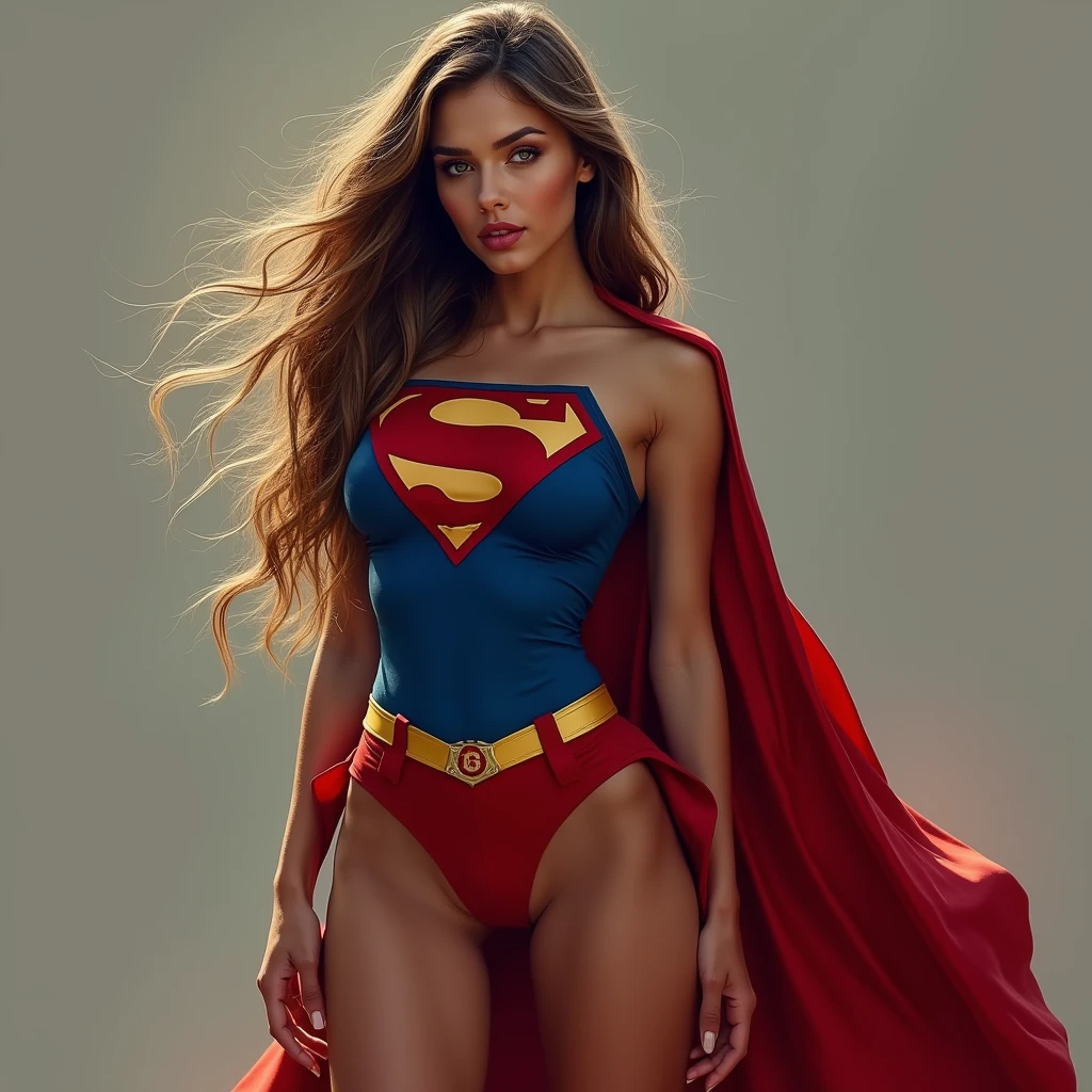Woman wearing Superman costume with long hair extremely beautiful sensual pose