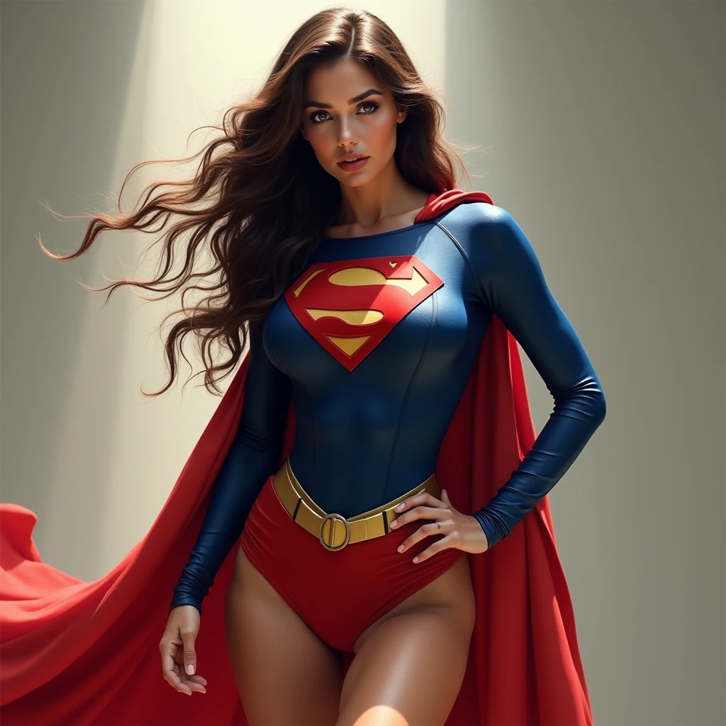 Woman wearing Superman costume with long hair extremely beautiful sensual pose 