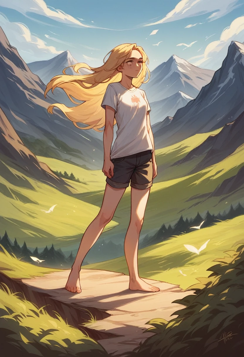 A young woman with long, flowing blonde hair stands outdoors, her hair slightly tousled by the wind. She has clear, pale skin with a few freckles, adding to her fresh and natural look. Standing on the top of a mountain. She wears a simple, white t-shirt which accentuates her figure, including her full bust. 