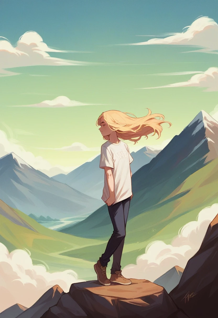 A young woman with long, flowing blonde hair stands outdoors, her hair slightly tousled by the wind. She has clear, pale skin with a few freckles, adding to her fresh and natural look. Standing on the top of a mountain. She wears a simple, white t-shirt which accentuates her figure, including her full bust.