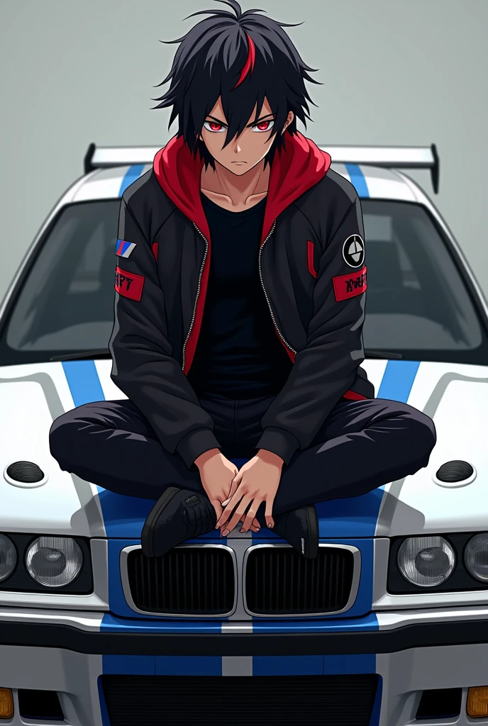 Adult anime boy with black hair with red streaks in his hair,with a serious face,with red eyes and black jacket with lots of red details black shirt sitting on the hood of the silver and blue bmw m3 gtr from need for speed most wanted
