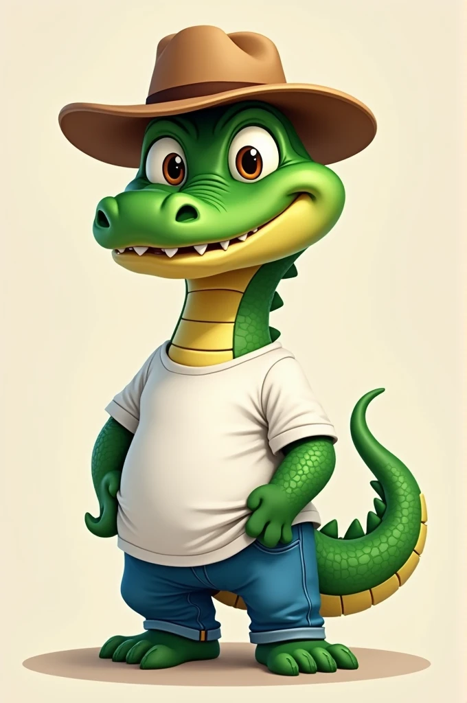 Create a Young Alligator Mascot. smiling . Wears a white t-shirt and jeans. Wears brown hat. Vibrant green color.