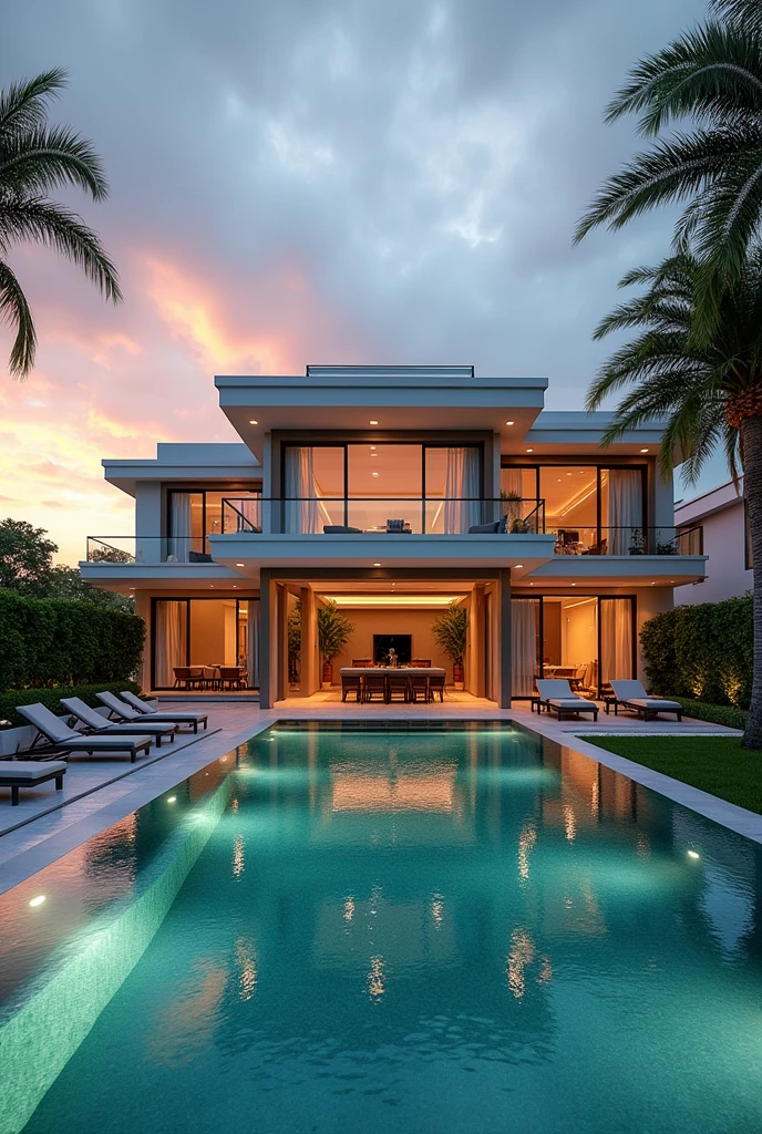 A high standard house. Luxurious condominium house with swimming pool and a well-kept garden with a beautiful sunset. A house that makes anyone who wants to buy a house want to buy it. A realistic image. In 1920px by 650px format
