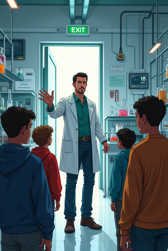 generates a 2D drawing of a teacher in the laboratory, showing his students the escape route from the laboratory
