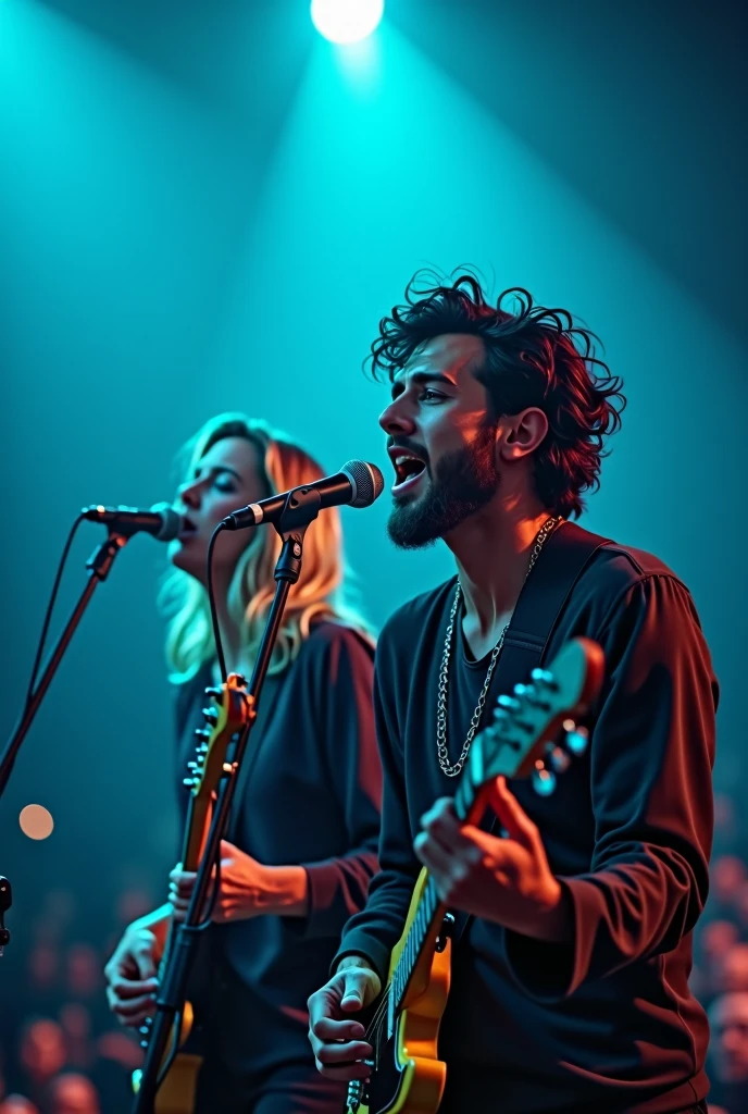 Uma banda em um show de pop rock, with Echo grace writing, with a close-up capturing the audience,, singing with microphone , cerulean, Face ultra detailed, dark curly hair, blonde singer