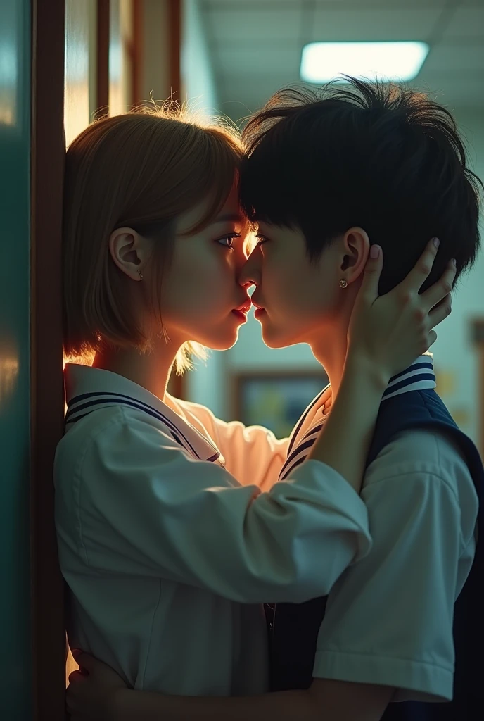 Girl kissing secretly at school、Live photos、Idol face、Fair skin、Light brown hair、Gal、