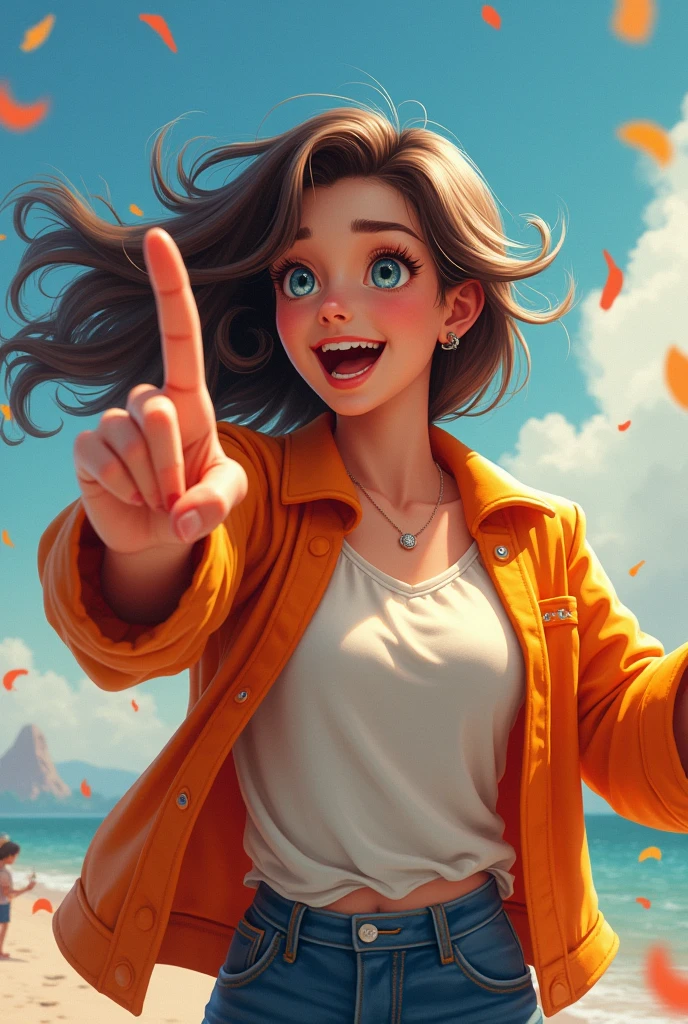 20 year old girl, high, in full body facing forward pointing at something with his hand and being animated