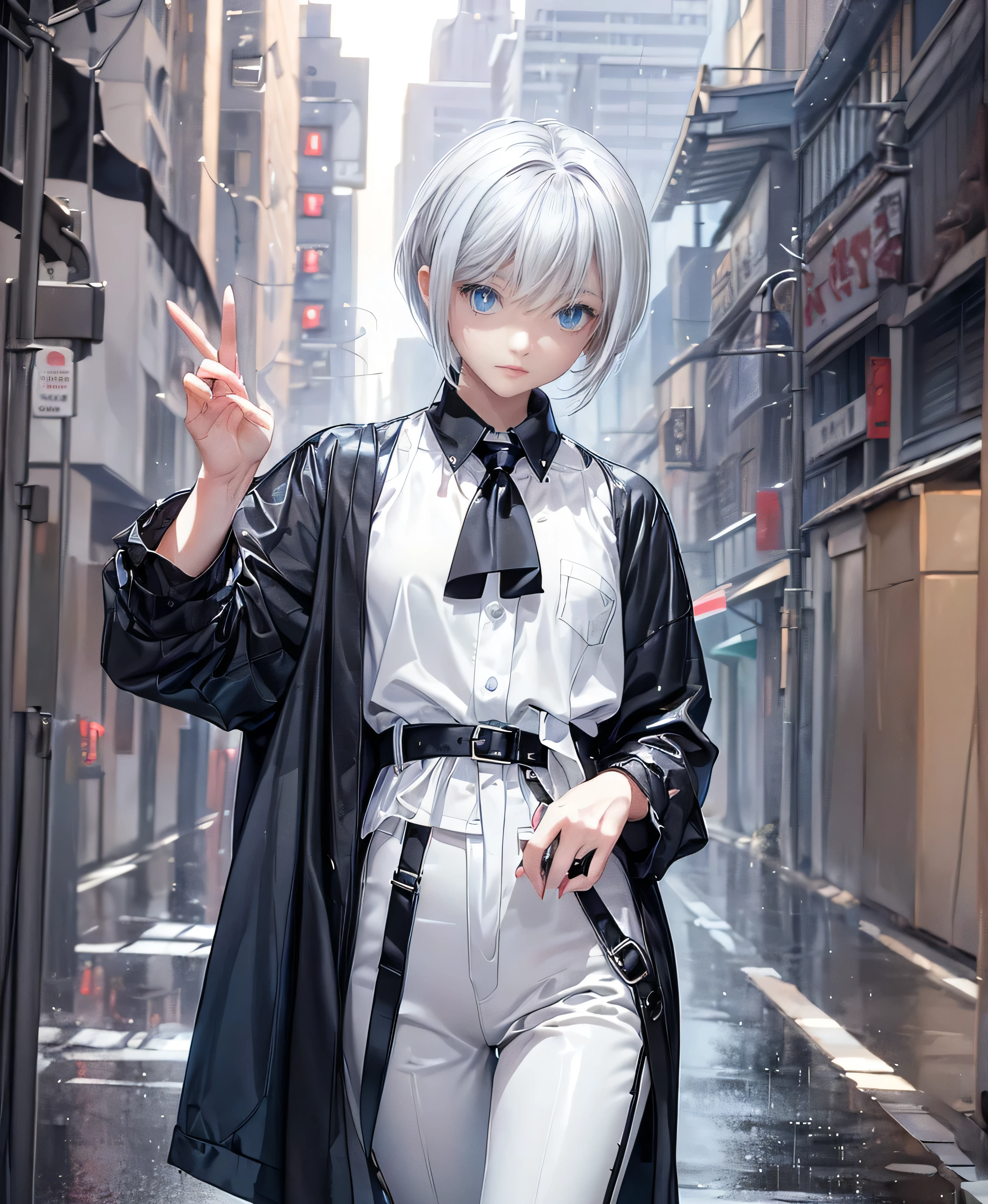 ((4K Works))、masterpiece、(Highest quality)、One beautiful girl、The body is slim、expensive、((Black Y-shirt and white pants、Charming street style))、Please wear a cropped jacket、(Beautiful eyes in every detail)、Morning City、((Rainy Town))、Fashionable city with morning rain、During a walk、((Face similar to Carly Rae Jepsen))、((short-haired gray hair))、((Makes your face smaller))、((Neutral face))、((Bright Blue Eyes))、((American adult women))、((Adult female, 2))、((Cool woman))、((Like a celebrity))、((A lonely look))、((Korean Makeup))、((elongated and sharp eyes))、((Happy Date))、((boyish))、((Upper body photo shoot))、Professional photos、((Model Photo))、((Look up at the sky))、((Shooting from behind))、((She is looking upwards))、((Her eyes are looking up))、((Increase the angle of the face))、((She is walking in front of the viewer))、(Neckline), 