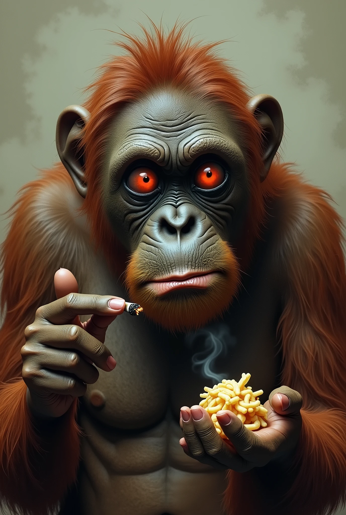 An orangutan with red, bloodshot eyes, holding a cigarette in one hand and a snack in the other.