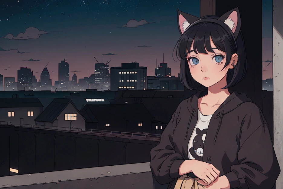 A girl with short black hair and cat ears, wearing dark clothes, in a city in the late afternoon calm, with a relaxing atmosphere. She is a little further away, with a view of her from the waist up, listening to music, and dark colors dominate the scene. The background shows a detailed and vibrant city, reflecting an 80s and 90s anime aesthetic, mixed with a touch of Fujifilm aesthetics. The girl has beautiful eyes, and the entire composition is in 4K, capturing the lofi aesthetic with a soft and tranquil atmosphere.