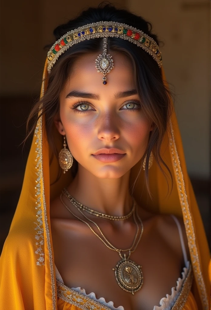 "High-quality, 8k resolution image of a beautiful Rifian girl in a traditional Rifian house. She has light, textured skin with a sun-kissed and bronzed appearance, showing a natural blush from exposure to the sun, . Her eyes sparkle with life, and she is dressed in traditional Rifian attire. The scene is rich in detail with ultra-fine textures, showcasing traditional Rifian clothing, headpieces, and jewelry, r. The setting captures a soft lighting effect, vibrant colors, and a professional photography style, featuring a bokeh background, HDR, and hyper HD clarity."