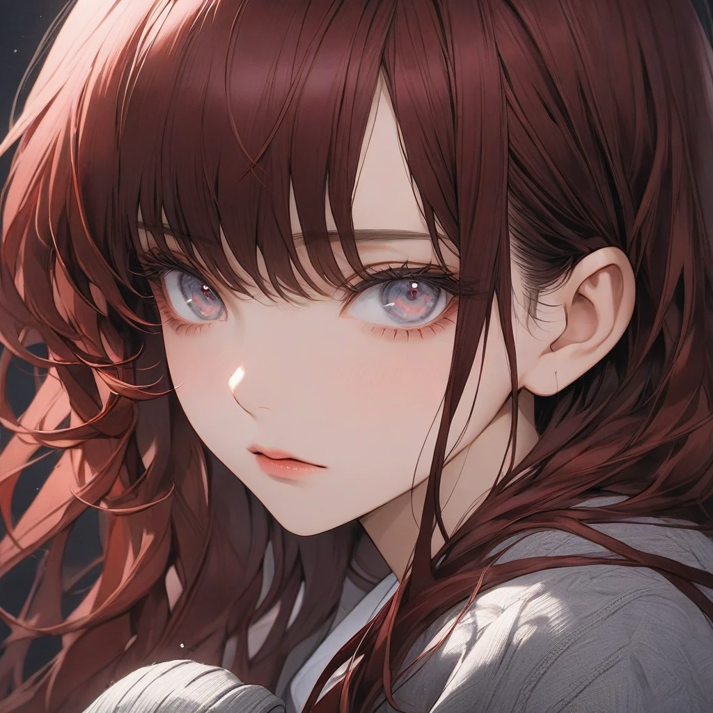 high resolution, Masterpiece, Anatomically correct, precise, qualityที่ดีที่สุด, quality, 1 woman, Age 25 years ,long hair, dark red hair, silver eyes, big breasts, full bangs , Dark makeup, A cold expression simple background, Close-up , Anime style,Wearing oversized shirt, grey cardigan, Sharp eyes ,mature woman,