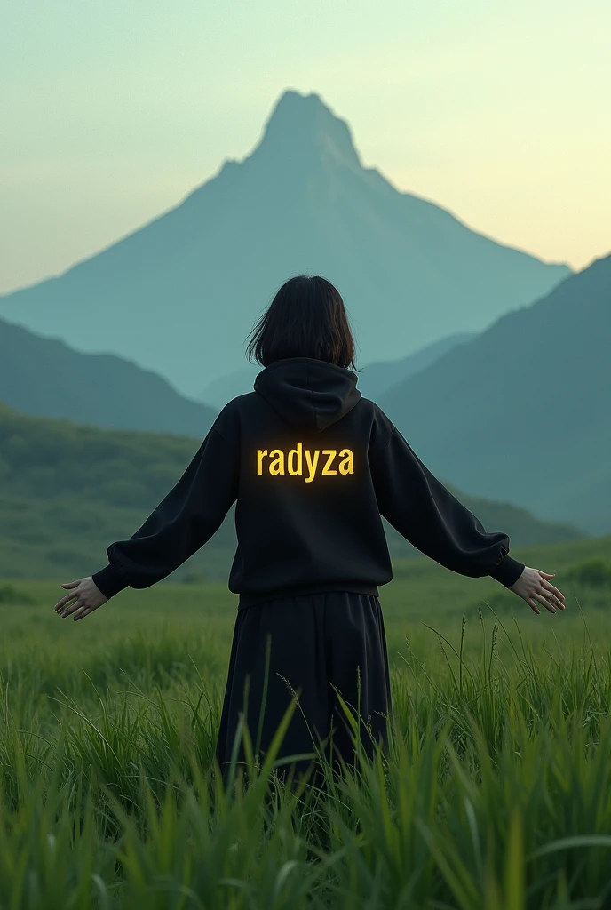 A girl stands on a highland covered with lush green grass, her back facing the camera. She is wearing a black hoodie that contrasts with the natural surroundings. On the back of her hoodie, there is a luxurious golden inscription that shines, spelling out "RADYZA." The text stands out, as if radiating elegance amidst the serene landscape. In the distance, a tall mountain rises majestically, seen from the girl's perspective. At the base of the mountain, a faint line of words can be seen, spelling "STARMAKER" in white, with letters designed in a horror theme, adding a sense of mystery. The girl gazes at the mountain with admiration, while both her arms are stretched out towards the sky, as if she is embracing the grandeur of the nature spread out before her.