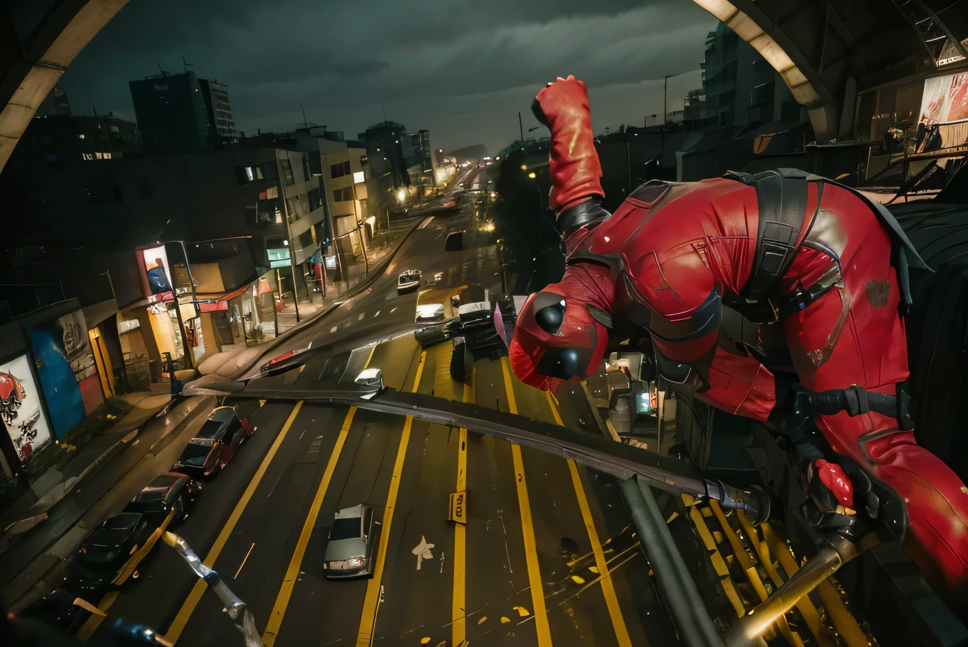 (Best quality, 8k, 32k, Masterpiece, UHD:1.2) To transform the setting of the image into the iconic freeway overpass scene from the first Deadpool movie, imagine an urban, gritty environment. The overpass is a concrete giant, with multiple lanes of traffic either side of the central divider. The concrete walls are stained with years of wear, and the road surface is cracked in places, showing signs of heavy use. Above, the sky is a cloudy gray, adding to the grimy atmosphere. The overpass rises above a chaotic mix of roadways below, crisscrossed with smaller roads and alleys. ((Wolverine)) ((Deadpool)) ((fisheye)) ((looking at the ground))
Lining the sides of the freeway, you might see rusted metal barriers, graffitied and dented from countless collisions. In the distance, tall, nondescript buildings loom, their windows reflecting the dim light. The scene is tense, with an underlying sense of danger, as if something explosive is about to happen. The setting is stark, with minimal distractions, drawing all attention to the center where the action is about to unfold.
Everything about this environment screams urban decay and imminent chaos, a perfect stage for Deadpool’s outrageous and chaotic battle. The whole atmosphere is raw and unrefined, perfectly matching Deadpool’s irreverent and over-the-top style.