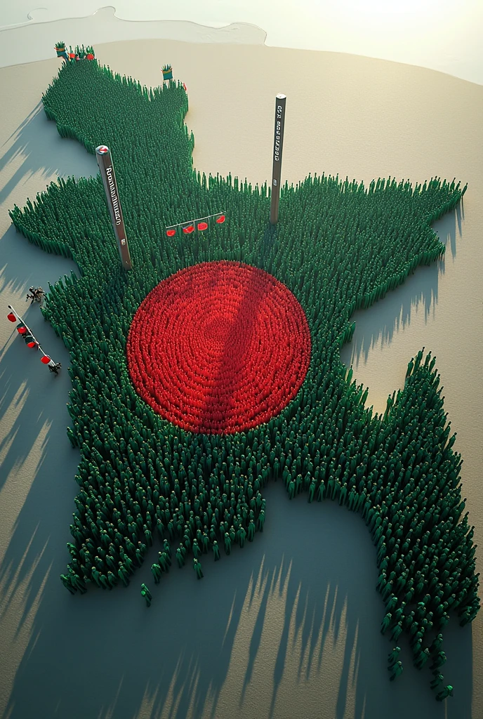 Bangladeshi map made with thousands people and every people carrying flag of Bangladesh Bangladesh city, stadium middle for Bangladesh flag, mast to be written for 3D letter, ((Bangladesh))