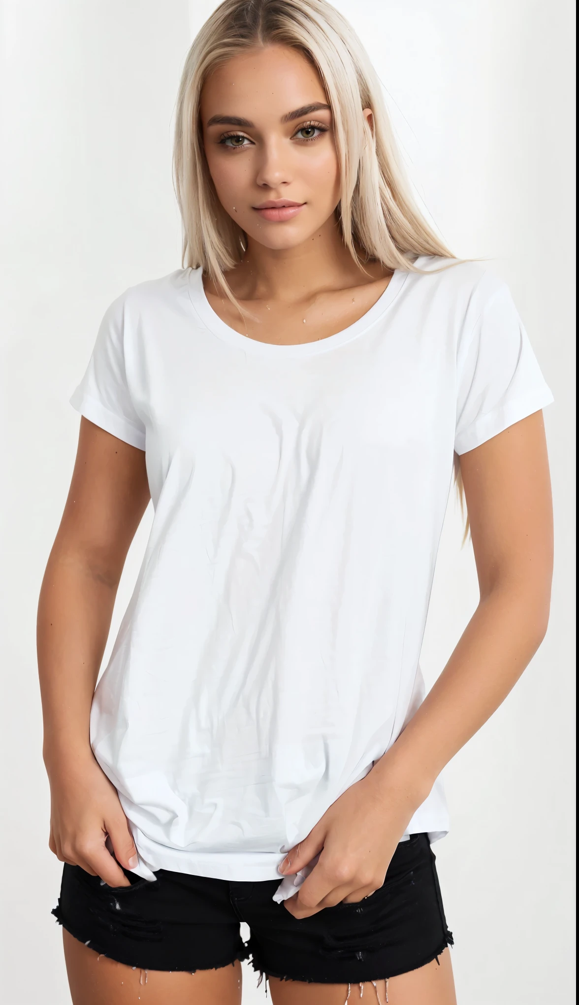 a woman in a white shirt and black shorts posing for a picture, white t - shirt, white t-shirt, white tshirt, wearing a t-shirt, dressed in a white t-shirt, t - shirt, t-shirt, white shirt, artist wearing dirty, torn shirt, wet tshirt, blood stains on shirt, dressed in a white t shirt