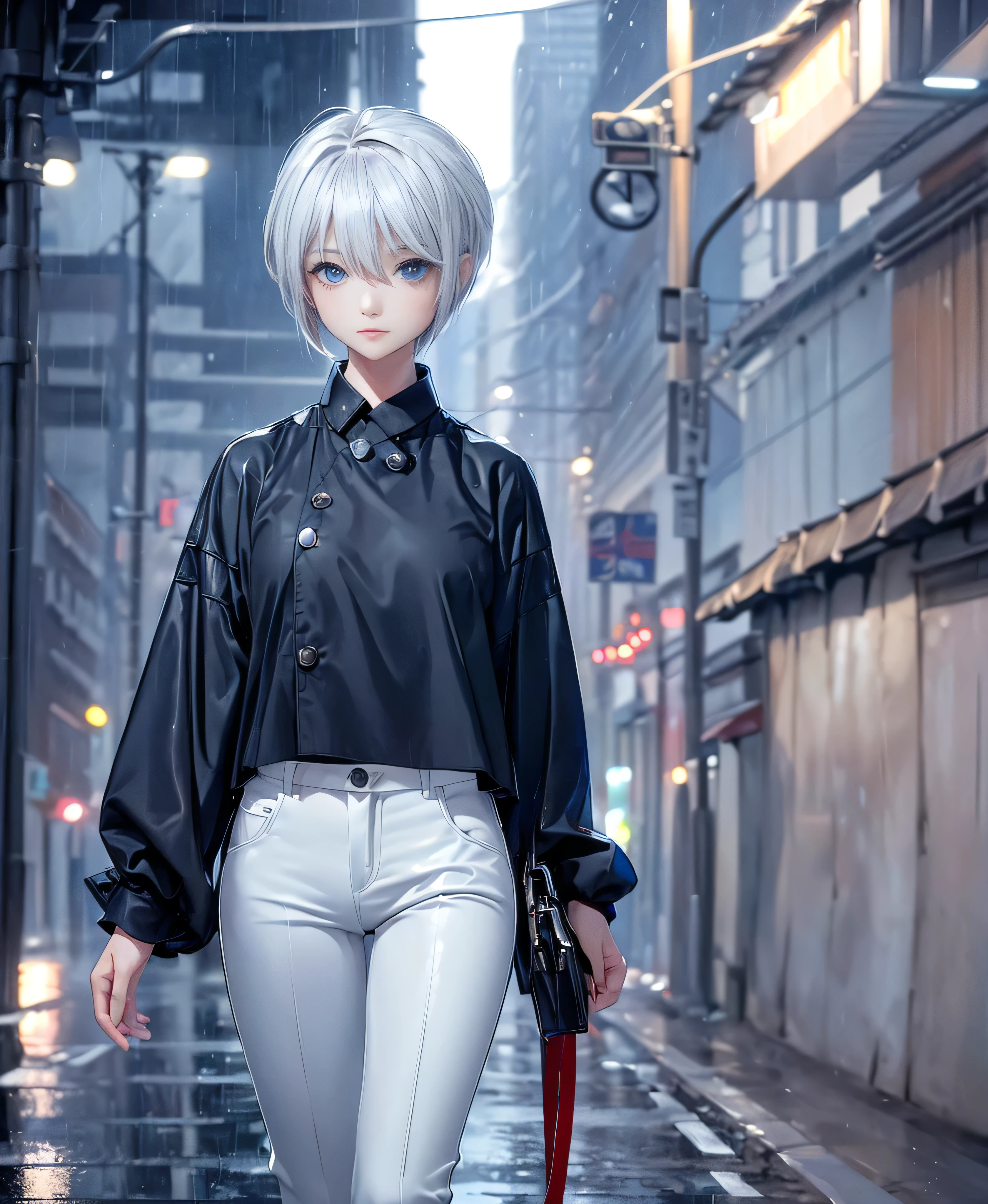 ((4K Works))、masterpiece、(Highest quality)、One beautiful girl、The body is slim、expensive、((Black Y-shirt and white pants、Charming street style))、Please wear a cropped jacket、(Beautiful eyes in every detail)、Morning City、((Rainy Town))、Fashionable city with morning rain、During a walk、((Face similar to Carly Rae Jepsen))、((short-haired gray hair))、((Makes your face smaller))、((Neutral face))、((Bright Blue Eyes))、((American adult women))、((Adult female, 2))、((Cool woman))、((Like a celebrity))、((A lonely look))、((Korean Makeup))、((elongated and sharp eyes))、((Happy Date))、((boyish))、((Upper body photo shoot))、Professional photos、((Model Photo))、((Look up at the sky))、((Shooting from behind))、((She is looking upwards))、((Her eyes are looking up))、((Increase the angle of the face))、((She is walking in front of the viewer))、(Neckline), 