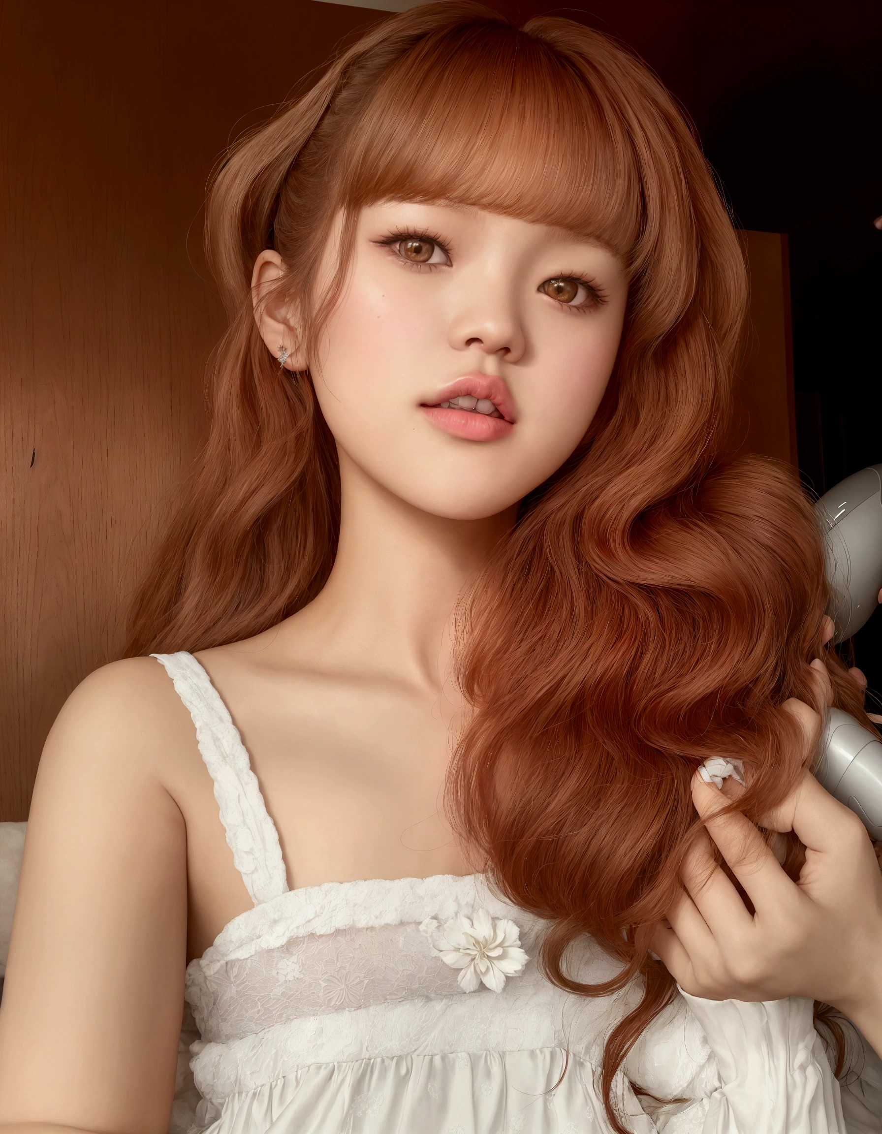 there is a woman that is holding a hair dryer in her hand, lalisa manobal, blackpink jennie, the hime cut, bae suzy, curly bangs, jossi of blackpink, heonhwa choe, lalisa manoban of blackpink, curly bangs and ponytail, roseanne park of blackpink, with bangs, fluffy bangs, jaeyeon nam, cute korean actress