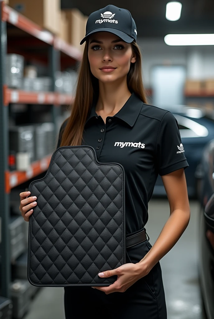A hyper-realistic image of a beautiful young woman with a model-like appearance and a stunning figure, standing confidently in a professional automotive service center. She is wearing a branded uniform consisting of a jumpsuit, cap, and T-shirt. Both the jumpsuit and cap are emblazoned with the "MYMATS" logo. The woman is holding and showcasing an automotive 3D car mat made of black eco-leather to the camera. She is displaying a driver's side mat with high edges and an extended flap that covers the floor along the door sill. The mat features diamond quilting in white thread, with each diamond uniformly sized. The mat is also embroidered with the word "MYMATS" in large, bold golden letters. Behind her, the blurred background reveals a warehouse with shelves displaying other company products, adding depth and context to the scene.