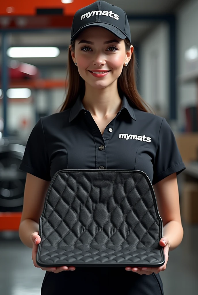 A hyper-realistic image of a beautiful young woman with a model-like appearance and a stunning figure, standing confidently in a professional automotive service center. She is wearing a branded uniform consisting of a jumpsuit, cap, and T-shirt. Both the jumpsuit and cap are emblazoned with the "MYMATS" logo. The woman is holding and showcasing an automotive 3D car mat made of black eco-leather to the camera. She is displaying a driver's side mat with high edges and an extended flap that covers the floor along the door sill. The mat features diamond quilting in white thread, with each diamond uniformly sized. The mat is also embroidered with the word "MYMATS" in large, bold golden letters. Behind her, the blurred background reveals a warehouse with shelves displaying other company products, adding depth and context to the scene.