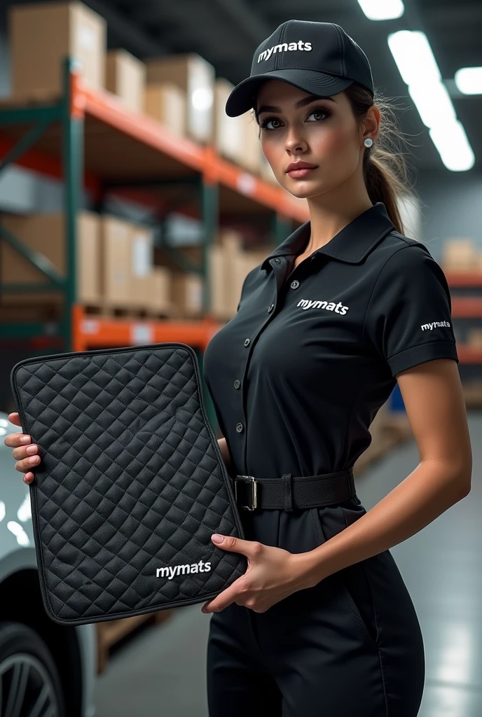 A hyper-realistic image of a beautiful young woman with a model-like appearance and a stunning figure, standing confidently in a professional automotive service center. She is wearing a branded uniform consisting of a jumpsuit, cap, and T-shirt. Both the jumpsuit and cap are emblazoned with the "MYMATS" logo. The woman is holding and showcasing an automotive 3D car mat made of black eco-leather to the camera. She is displaying a driver's side mat with high edges and an extended flap that covers the floor along the door sill. The mat features diamond quilting in white thread, with each diamond uniformly sized. The mat is also embroidered with the word "MYMATS" in large, bold golden letters. Behind her, the blurred background reveals a warehouse with shelves displaying other company products, adding depth and context to the scene.