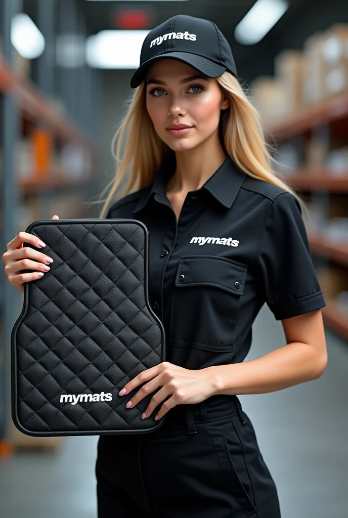 A hyper-realistic image of a beautiful young woman with a model-like appearance and a stunning figure, standing confidently in a professional automotive service center. She is wearing a branded uniform consisting of a jumpsuit, cap, and T-shirt. Both the jumpsuit and cap are emblazoned with the "MYMATS" logo. The woman is holding and showcasing an automotive 3D car mat made of black eco-leather to the camera. She is displaying a driver's side mat with high edges and an extended flap that covers the floor along the door sill. The mat features diamond quilting in white thread, with each diamond uniformly sized. The mat is also embroidered with the word "MYMATS" in large, bold golden letters. Behind her, the blurred background reveals a warehouse with shelves displaying other company products, adding depth and context to the scene.