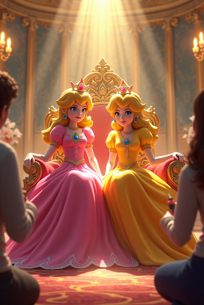 2d princess peach and princess Daisy foot worshipped and payed to be pretty on a royal throne