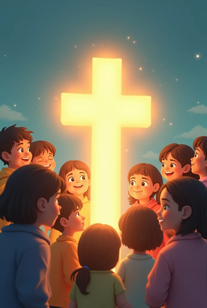 Image with a very light background, a representation of the clear cross at the top and children of different colors looking at the cross happily. The children around the cross. Similar to animations.