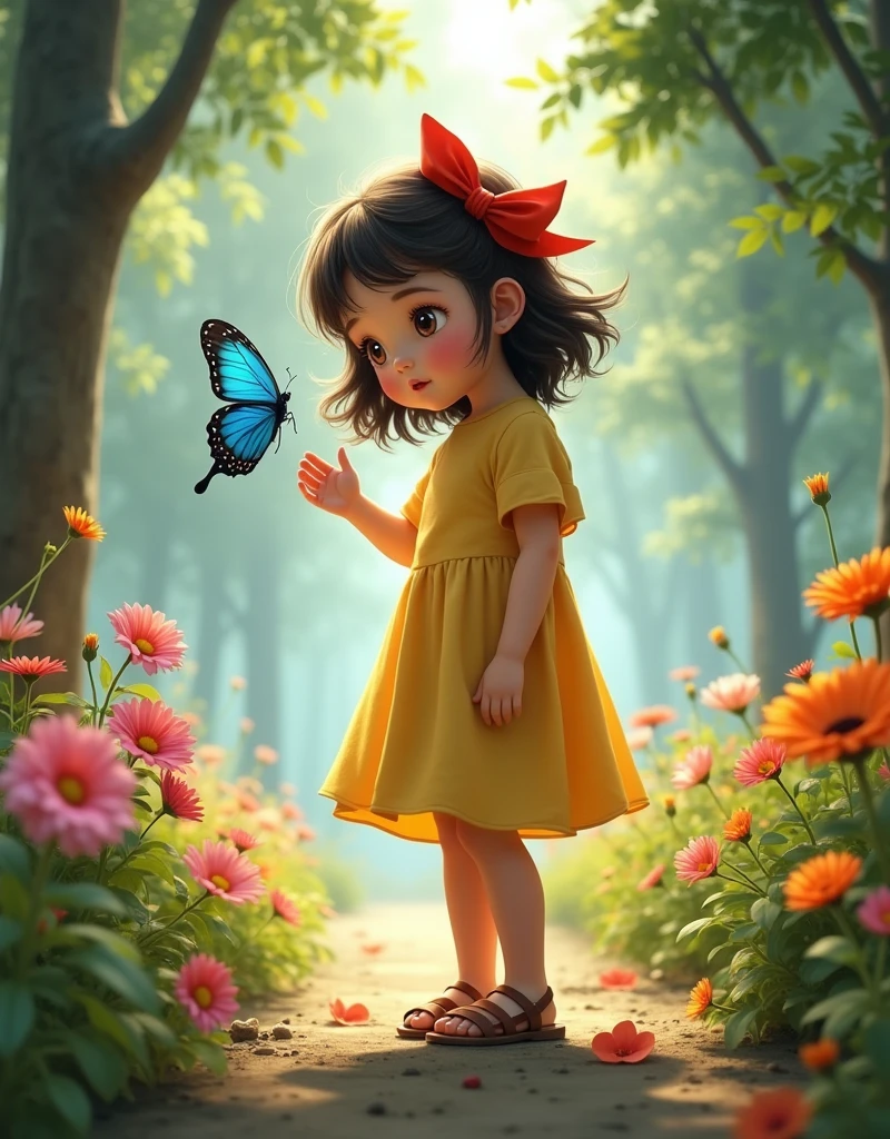 Close-up of a girl in a yellow short-sleeved dress, loose brown hair, with a red bow on her head and brown sandals, watching a blue butterfly with an expression of wonder and curiosity among the trees and colorful flowers, pink, abodes, orange and green.