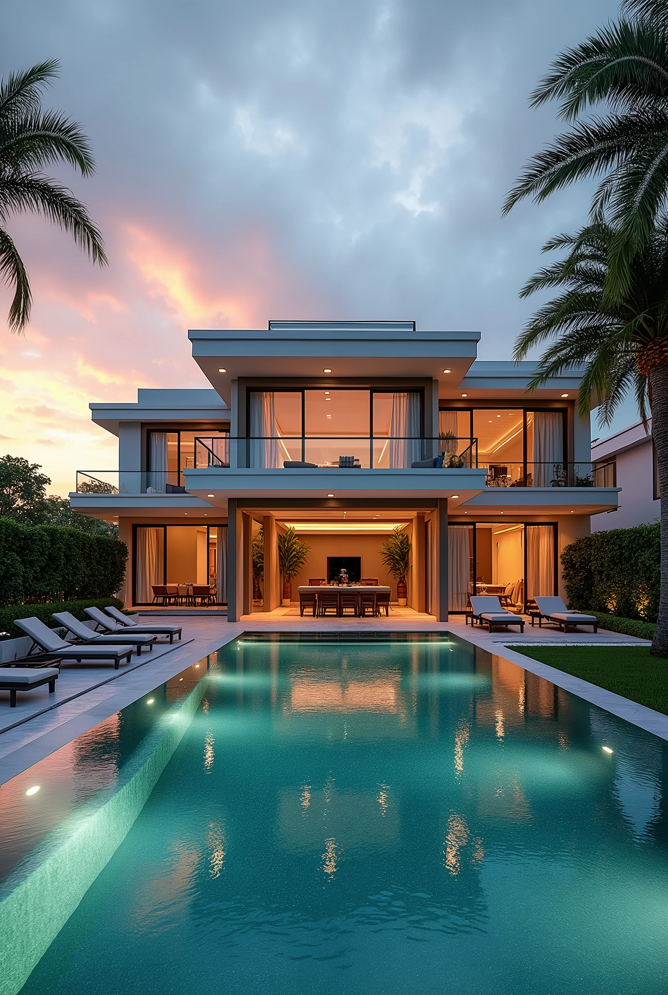 A high standard house. Luxurious condominium house with swimming pool and a well-kept garden with a beautiful sunset. A house that makes anyone who wants to buy a house want to buy it. A realistic image. In 1920px by 650px format