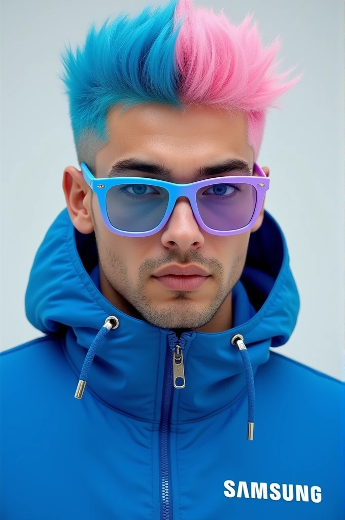 I would like a man with a blue jacket that says Samsung with half blue hair,half pink,com um oculos metade azul e half pink