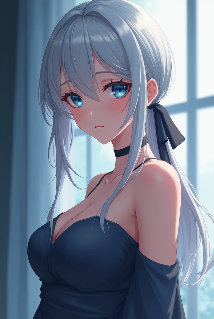 Tsuki is a fair-skinned woman with silver hair that reaches her upper back that is usually tied in a side ponytail over her right shoulder. She is below average height, and while 4, she looks deceptively young and beautiful. Like her daughter, she is slender but curvaceous in frame with a very ample bosom. She has blue eyes, but they're rarely seen as she normally keeps them squinted, only being seen in moments when she is surprised.
Back when she was still a student before she met her future husband, she wore her hair loose and had it down to her hips.