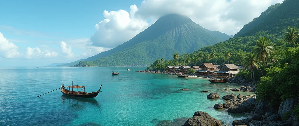 Village from ancient Ternate island, Maluku, Indonesia, beside a ocean and Ternate mountain, there is no peoples, kora-kora ships, hyper realistic, masterpiece, best quality, ultra-detailed, UHD, 64K