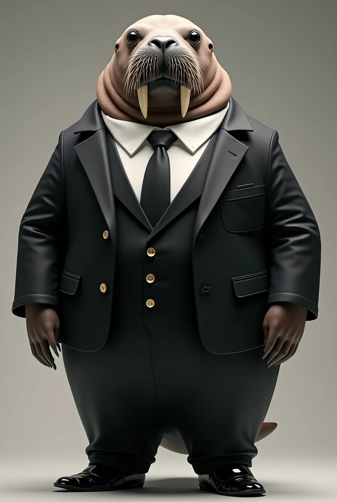 The walrus is wearing a black suit