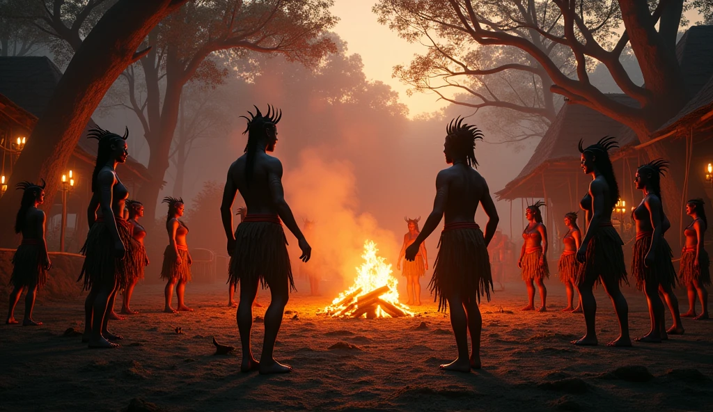 Scene 2: Introduction of New Na'vi Tribe
Shot 1: The Ash People’s Village at Dusk
Description: The scene opens with a wide shot of the Ash People’s village, nestled within a dense forest. The village is surrounded by large, ancient trees with dark, twisted branches. Huts made from natural materials are elevated on stilts above the forest floor, connected by a network of rope bridges. The village is bathed in the orange and red hues of the setting sun, casting long shadows across the ground. Smoke rises from multiple fires, indicating the presence of the Ash People. The ambiance is mysterious, hinting at the ancient traditions of this Na'vi tribe.
Key Elements: Dense forest, ancient trees, elevated huts, rope bridges, setting sun, smoke rising.
Shot 2: Ritual Around the Fire
Description: A closer shot focuses on a group of Ash People gathered around a large, glowing fire in the center of the village. Their skin is a darker shade of blue, with intricate red and black tribal markings. They wear clothing made of dark, woven materials and feathers. The fire casts flickering shadows on their faces as they chant in unison, performing a ritual dance. Their movements are rhythmic and coordinated, symbolizing their connection to their ancestors. The sound of drums echoes through the air, adding to the intensity of the moment.
Key Elements: Ash People, glowing fire, dark blue skin, tribal markings, rhythmic chanting, drumming. avatar movie style
