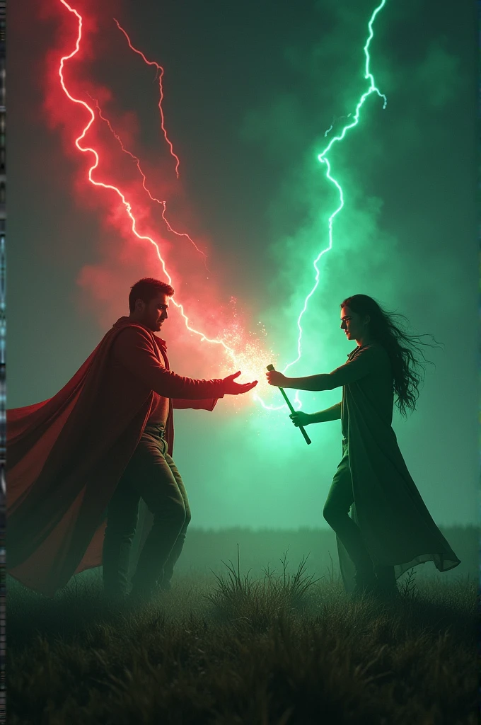 An empty field with red and green lights shining in the sky at night A man is holding out his hand A red light is coming out of his hand A with glasses is standing below What is a magic wand in his hand A green light is coming out of it Two people are fighting .