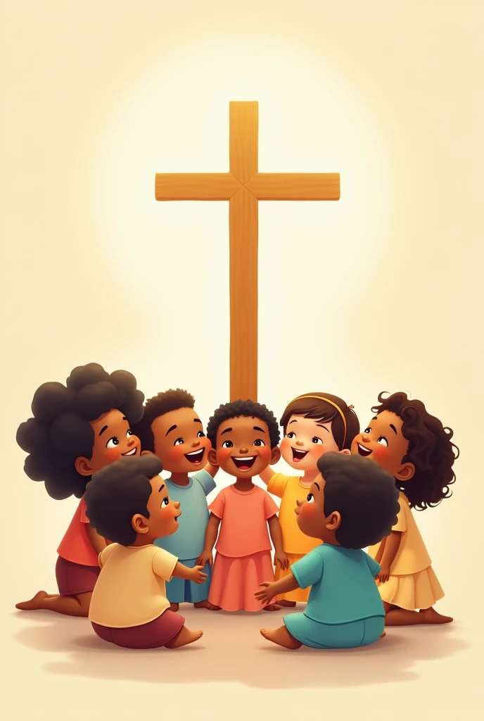 Image with a very light background, a representation of the clear cross at the top and children of different colors looking at the cross happily. The children around the cross. Similar to animations ai