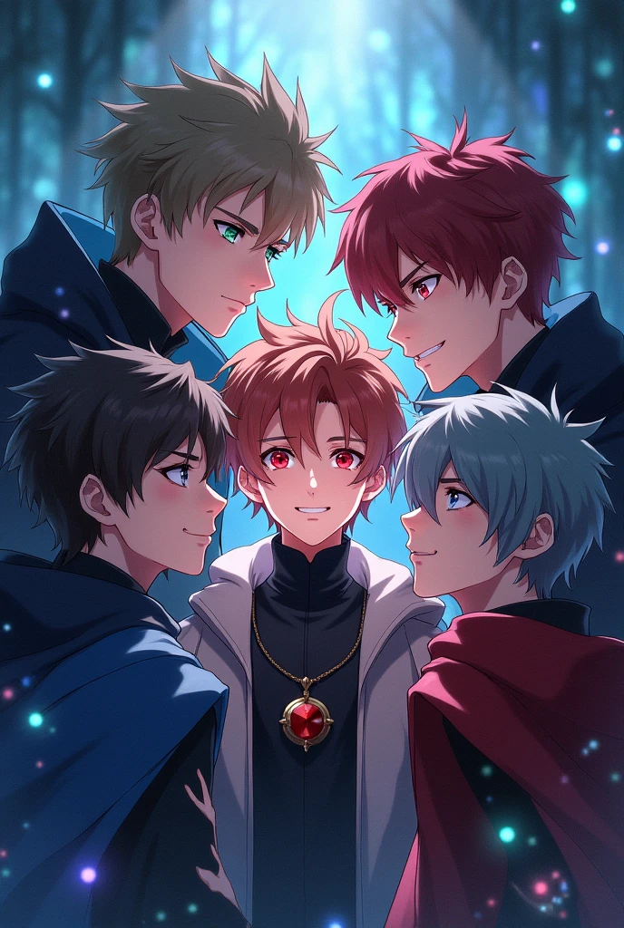 Four young men with different personalities surround a sweet-faced young man.. They are wearing cloaks.. magic. magic. Fantasy. Fantasy. The people surrounded have cute faces.. One of the people surrounding him had a fierce face.. The second one has an annoying face.. The third person has a handsome face.. People with sharp features look a little scary.. anime. magical world. magical world. Four young male characters surround a single, sweet-faced young man with ruby red eyes.. Realistic